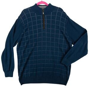 Alan Flusser 1/4 Zip Lightweight Sweater Men's 2XL Pullover Blue White Geometric